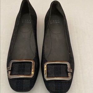 Stuart Weitzman Black and Silver buckles Flats with Textured Design.